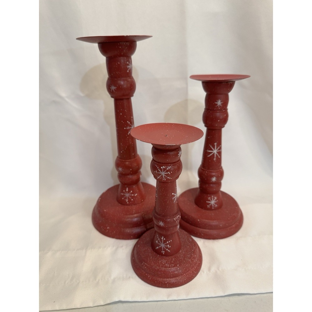 Vintage Red Handpainted‎ Snowflake Candlesticks Christmas 3 Tiered Folk Art